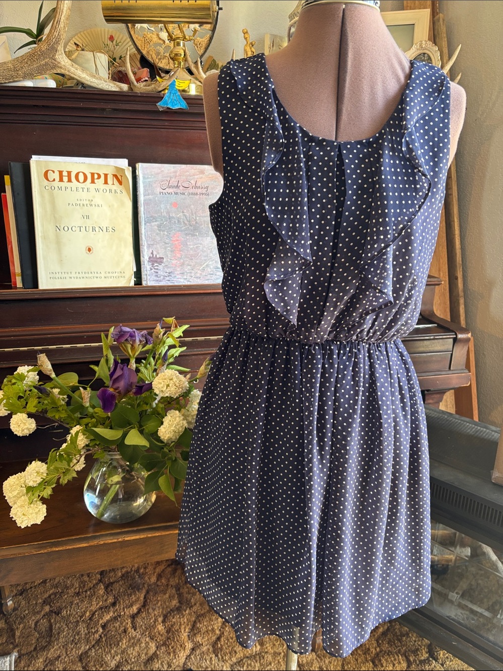 Iz Byer Navy Polka Dot Ruffle Mini Dress